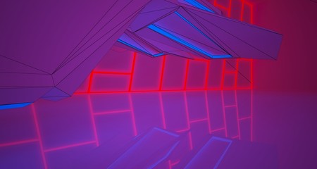 Abstract architectural drawing white interior of a minimalist house with color gradient neon lighting. 3D illustration and rendering.