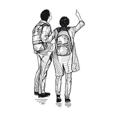 Hand drawn illustration Sketch architecture style Men and women Backpacking travel eps 10.
