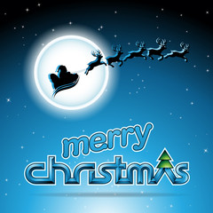 Naklejka premium Santa and Reindeers Over a Blue Background Illustration