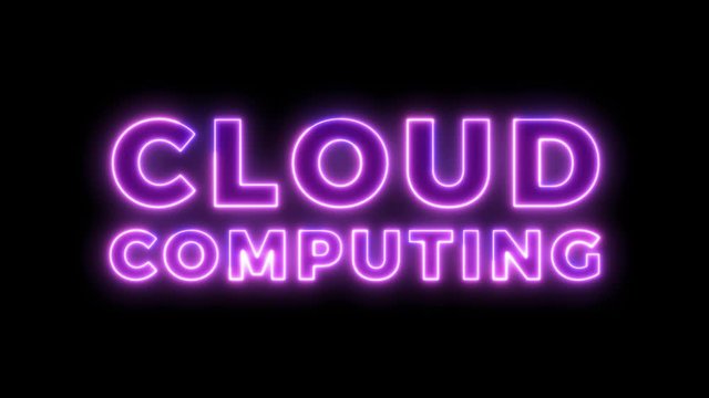 Neon light animation concept tex cloud computing. Flat animation of UI element available in 4K FullHD and HD video 2D render footage on black background.	
