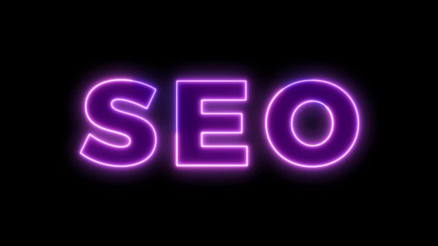 Neon light animation concept tex seo. Flat animation of UI element available in 4K FullHD and HD video 2D render footage on black background.	