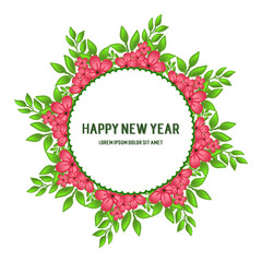 Banner design of happy new year, with drawing of red flower frame. Vector