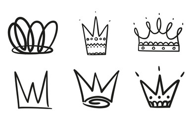 Monochrome crowns on white. Hand drawn simple objects. Line art. Black and white illustration