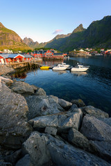 Viewpoint of Village A in the early morning of summer Is a popular tourist destination in the Norwegian Lofoten Islands.
