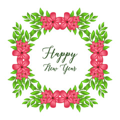 Various crowd of green leaves frame and pink flower, for card happy new year. Vector