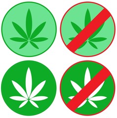 A set of a marijuana sign, one is prohibited and one is not prohibited. Simply flat design isolated on white background. A symbolic icon graphic for web, logo, app, banner and etc.