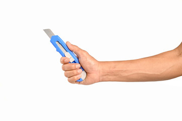 Man hand holding cutter knife isolated on white background.