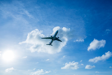 Fototapeta na wymiar Airpland taking off at sky.Airline.