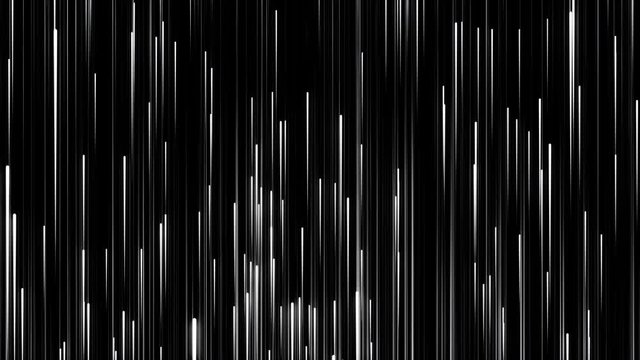 White flashing narrow neon lines in downward fast movement on black background, seamless loop. Animation. Breathtaking shooting stars during meteoric shower, monochrome.