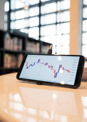 candle stick bar chart forex trading at working table with copyspace , business concept.