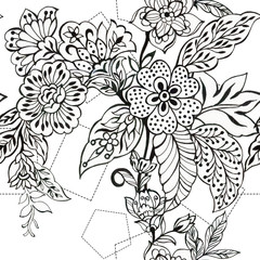 Black and White outline seamless pattern Floral background Flowers wallpaper  plants on white background Drawn decorative flowers pattern. Design for home decor, fabric, carpet, wrapping, card