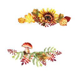 Naklejka premium Watercolor autumn frame with leaves, berries and mushrooms