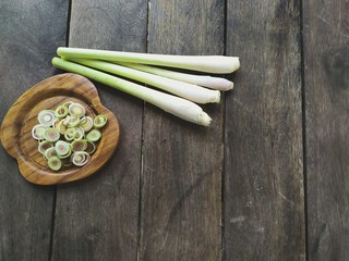 lemongrass or cymbopogon citratus on wood background design concept in rustic