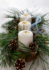 Christmas Candles. Christmas decoration on the table.
