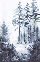 Abstract watercolor monochrome landscape of the Russian forest.Illustration