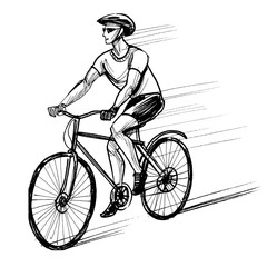 Athlete on a racing bike. Ink black and white drawing