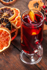 mulled wine (delicious and festive drink) menu concept. food background. copy space. Top view