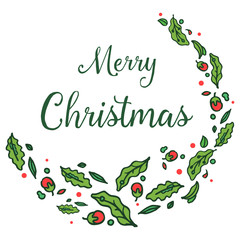 Calligraphic lettering of merry christmas with vintage green leaf flower frame. Vector