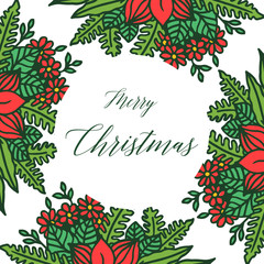 Calligraphic lettering of merry christmas with vintage green leaf flower frame. Vector