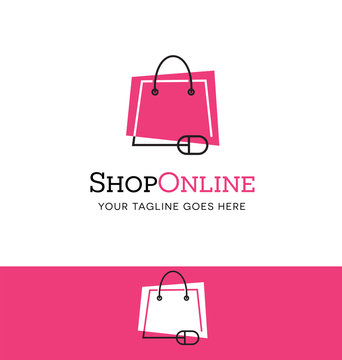 Online shopping logo. Shopping bag connected to mouse. Vector icon.