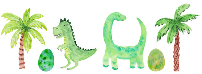 set of watercolor dinosaurs on a white background. two green dinosaurs - a tyrannosaurus and a diplodocus with palm trees and green eggs. raster illustration for prints, clothing, cards and templates.