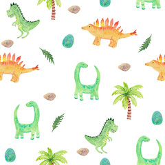 Seamless pattern with cute dinosaurs and tropical. watercolor illustration with diplodocus, brontosaurus and tyrannosaurus for prints, templates, invitations, children's clothes.