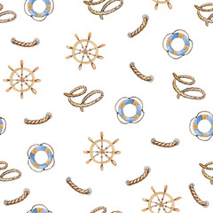 Seamless pattern with lifebuoy, helm and ropes on a white background. watercolor illustration for prints, templates, cards and posters