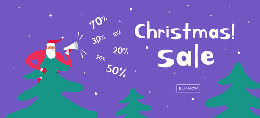 christmas sale banner  santa claus on spruce with megaphone 