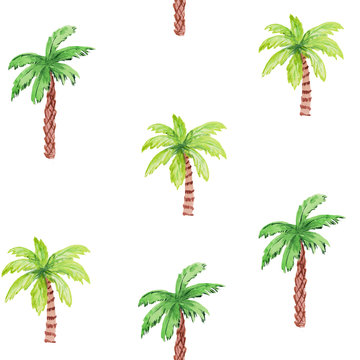 Seamless pattern with palm trees on a white background. watercolor hand drawing illustration for prints, posters, templates, cards.