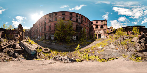 3D spherical panorama with 360 viewing angle ready for virtual reality or VR. Full equirectangular projection. ghost town. Exterior of abandoned industrial building landscape architecture of the city
