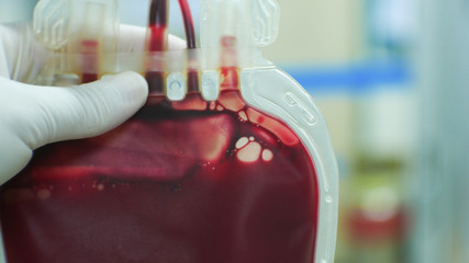 Red blood on blood bag in laboratory. - obrazy, fototapety, plakaty