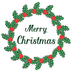 Template of greeting card merry christmas, with green leaves frame and red flower, isolated on white background. Vector