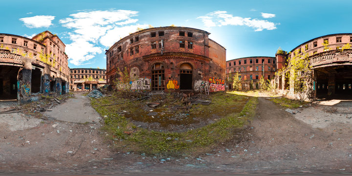 3D spherical panorama with 360 viewing angle ready for virtual reality or VR. Full equirectangular projection. ghost town. Exterior of abandoned industrial building landscape architecture of the city