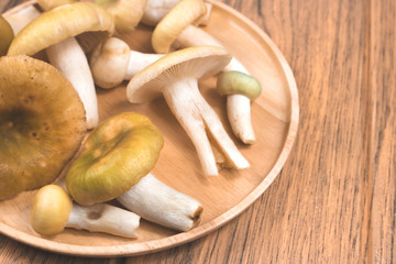 fresh mushrooms in a wooden bowl