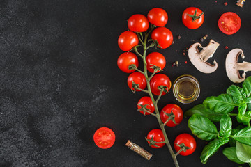 tomato Cherry and other ingredients for tomato sauce, menu concept. food background. copy space