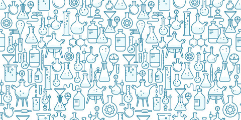 Chemistry flask beaker equipment seamless pattern background. Science education. Medical tests. Laboratory research experiments. Outline contour blue line. - obrazy, fototapety, plakaty
