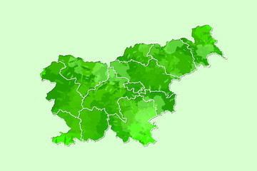 Slovenia watercolor map vector illustration of green color with border lines of different divisions or regions on light background using paint brush in page