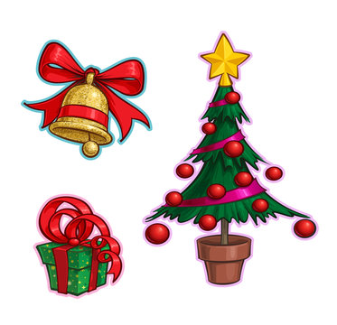 Christmas Cartoon Icon Set - Bell Gift Tree