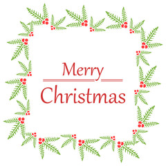 Lettering greeting card of merry christmas, with wallpaper unique leaf flower frame. Vector