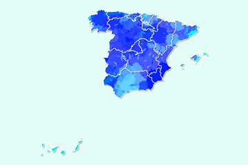 Obraz premium Spain watercolor map vector illustration of blue color with border lines of different regions or divisions on light background using paint brush in page