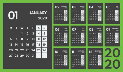 2020 simple vector 12 months calendar, starts monday, two weekend, dark background