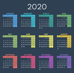 simple vector calendar 2020, starts monday, two weekend, dark background