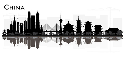 China City skyline black and white silhouette with Reflections.