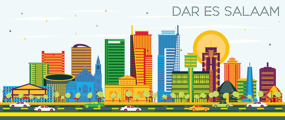 Dar Es Salaam Tanzania City Skyline with Color Buildings and Blue Sky.
