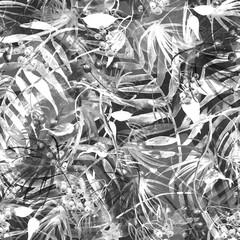 Tropical leaves. Watercolor leaves of a tree, palms, bamboo, nettle, abstract splash. Watercolor abstract seamless background, pattern, spot, splash of paint, branch with berry, color. Tropic pattern.
