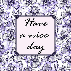 Violet iris botanical flower in vector. Ink art style. Wedding invitation. Elegant card floral. Decorative border. Graphic banner. Have a nice day card.