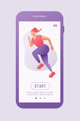 Modern flat sports app concept. Modern illustration of a girl running on a phone's screen with sample text. Female workout.