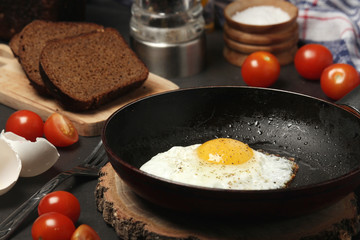 Fried egg with tomatoes and bread	