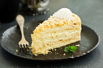 Napoleon cake. selective focus,