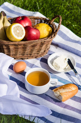 Summer breakfast on the grass. Green tea, bread with butter, egg and fruits for breakfast in the open air.